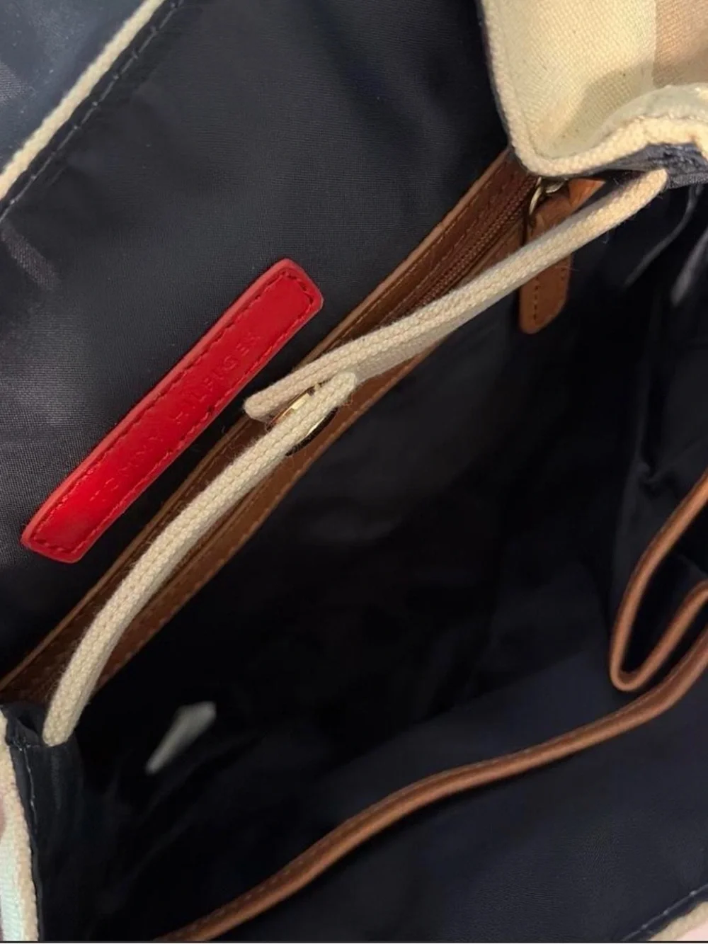 Tommy Hilfiger Beige and Navy Striped Canvas Backpack